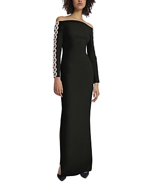 Safiyaa Maimie Rhinestone Sleeve Column Dress In Black With Crystal