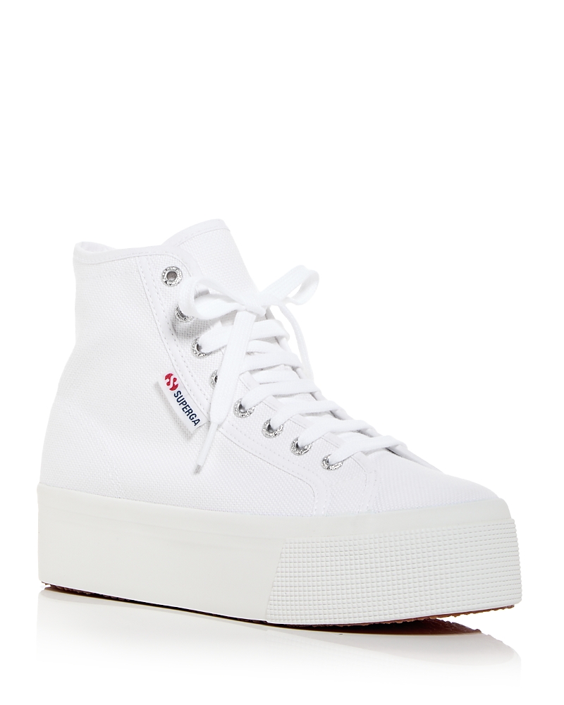 Superga 2708 Hi Top White Lace-up Canvas Flatform Sneakers In White