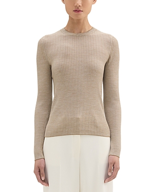 Theory Mirzi Slim Rib-knit Regal Wool Long-sleeve Sweater In Classic Khaki/light Oat