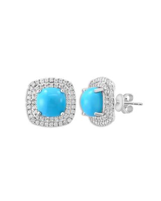 Turquoise & Diamond Halo Stud Earrings in 14K White Gold