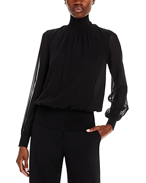 Lafayette 148 Turtleneck Blouson-sleeve Silk Georgette Blouse In Black
