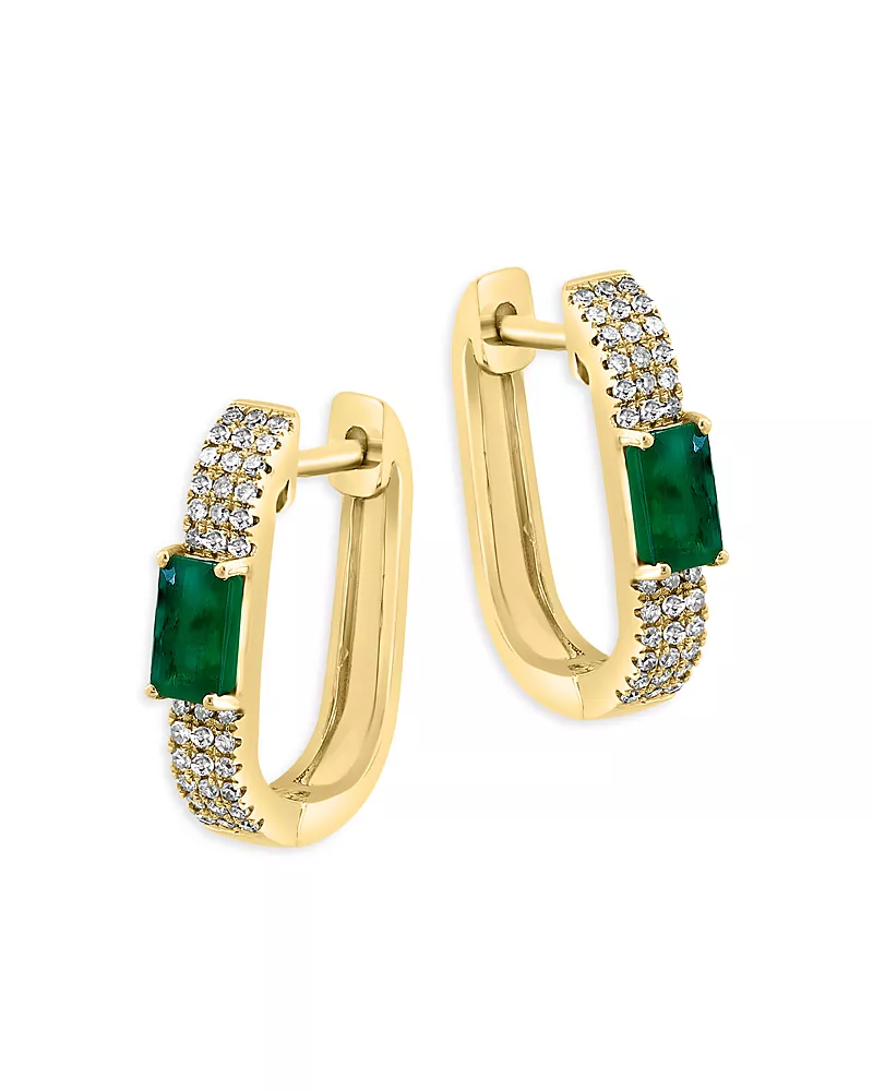 Bloomingdale's Fine Collection Emerald & Diamond Oval Hoop Earrings in 14K Yellow Gold