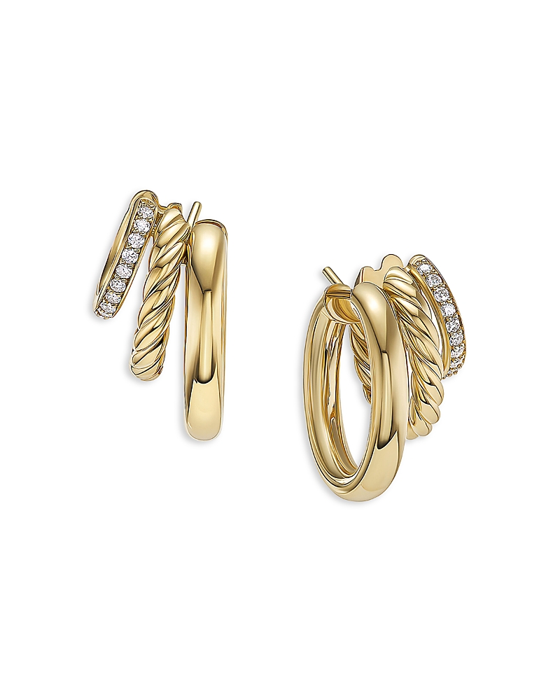 David Yurman Dy Mercer Three Row Huggie Hoop Earrings in 18K Yellow Gold with Pave Diamonds