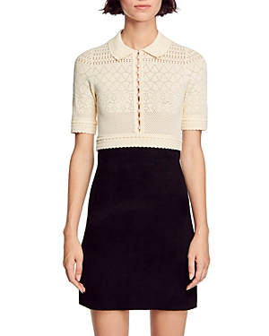 Sandro Solene Short Sleeve Sheer Pointelle Crop Sweater In Black