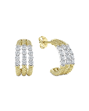 Lagos 18K White & Yellow Gold Signature Caviar Diamond Triple Row Hoop Earrings