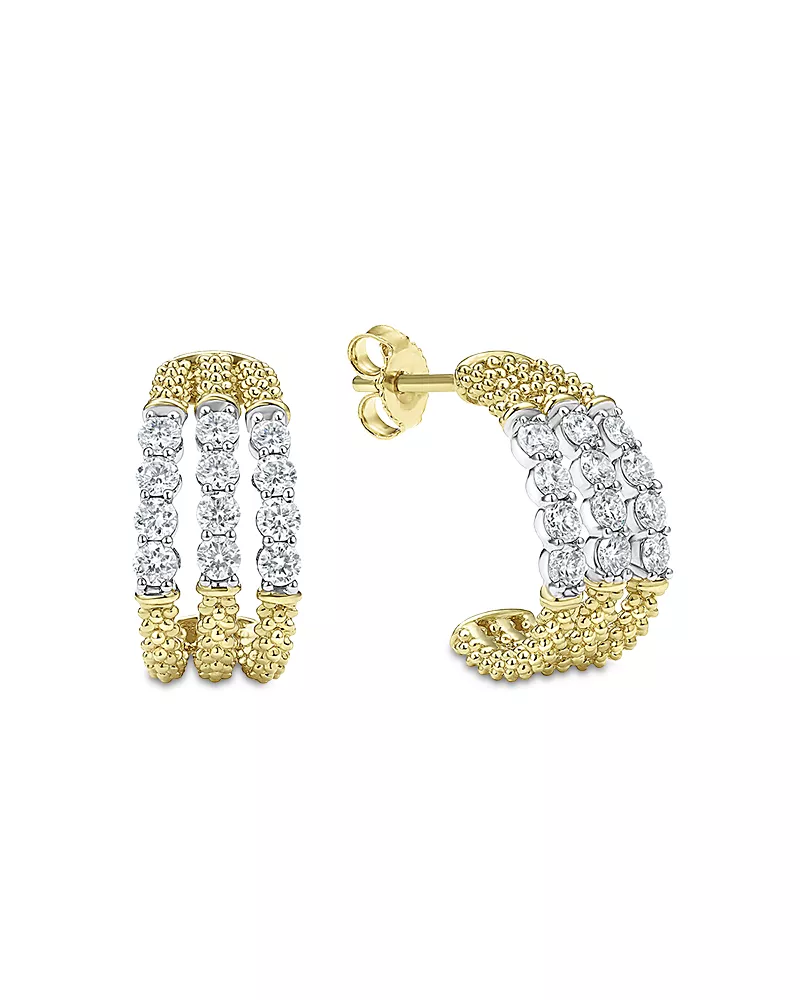 Lagos 18K White & Yellow Gold Signature Caviar Diamond Triple Row Hoop Earrings