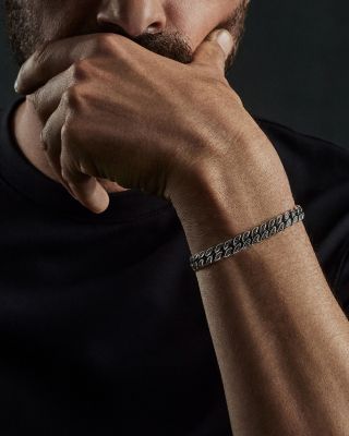 Men's Curb Chain Bracelet in Sterling Silver with Black Diamonds, 8mm