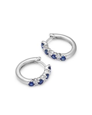Blue Sapphire & Diamond Huggie Hoop Earrings in 14K White Gold