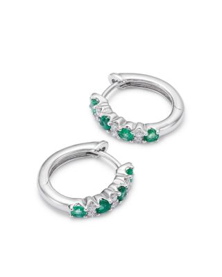 Emerald & Diamond Huggie Hoop Earrings in 14K White Gold