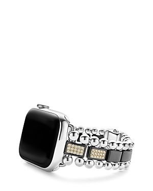 Shop Lagos 18k Yellow Gold Smart Caviar Half Diamond Apple Watch Bracelet, 38-45mm In Silver/black