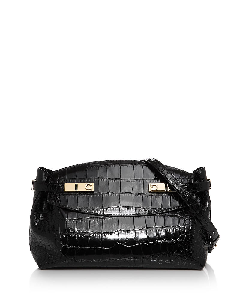 Ferragamo Hug Leather Pouch Crossbody In Black Croc
