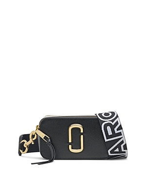 Marc Jacobs The Snapshot Black Shoulder Bag With Metal Logo At The Front In Leather Woman In Black Multi/gold