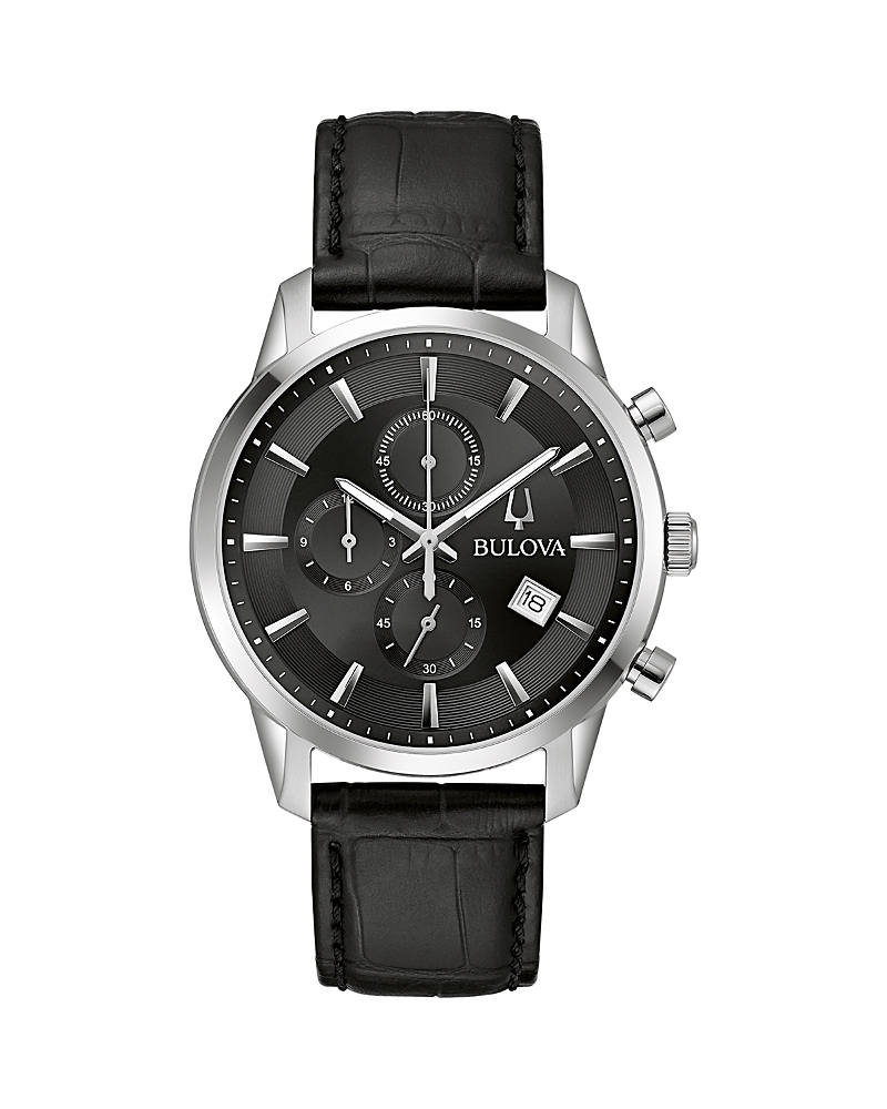 Bulova Men's Chronograph Classic Sutton Black Leather Strap Watch 41mm In Black