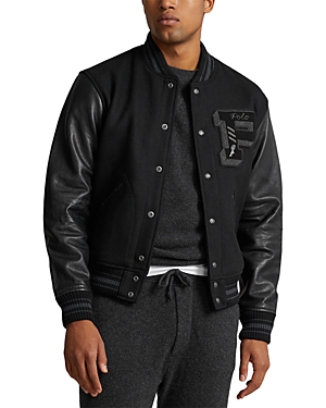 Polo Ralph Lauren Wool Blend Varsity Jacket With Leather Sleeves In Polo Black