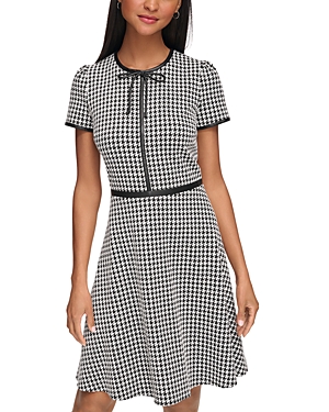 KARL LAGERFELD FAUX LEATHER TRIM HOUNDSTOOTH DRESS