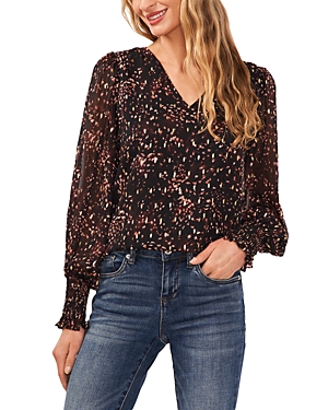 Cece Foil Dot Smocked Cuff V-neck Blouse In Rich Black