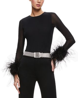 Alice And Olivia Delaina Feather Long-sleeve Crop Top In Black