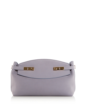 Shop Ferragamo Large Hug Leather Pouch Crossbody In Fog Gray