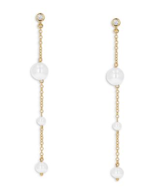 Moon & Meadow - 14K Yellow Gold Diamond & Pearl Linear Drop Earrings