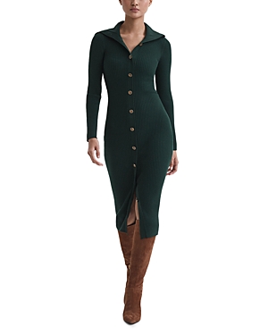 Reiss Green Maria Button Through Bodycon Midi Dress In Green