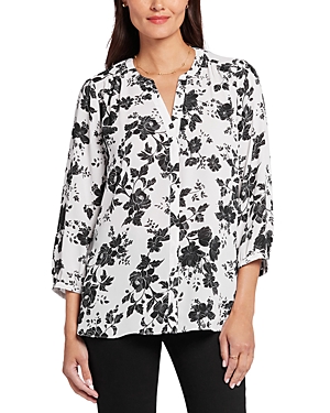 Nydj Three Quarter Sleeve Printed Pintucked Back Blouse In Campanil