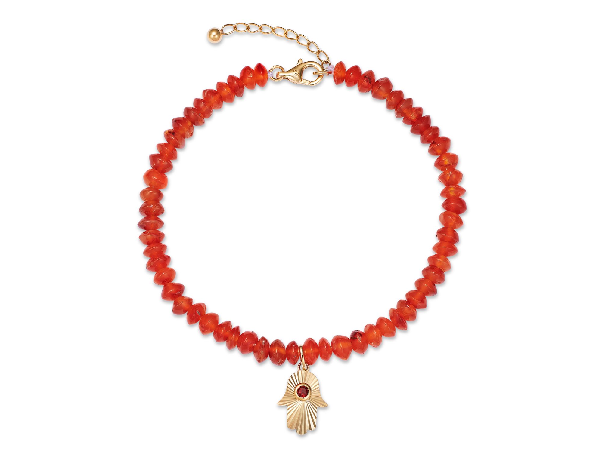 Garnet & Carnelian Bead Hamsa Hand Charm Bracelet in 14K Yellow Gold - Image 1