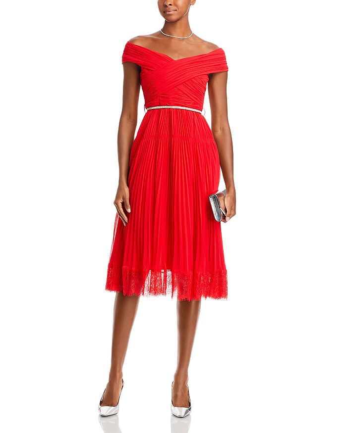 Off-the-Shoulder Pleated Midi Dress