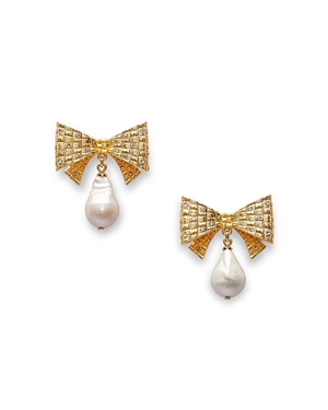kate spade new york Wrapped In A Bow Pave & Cultured Freshwater Pearl Bow Drop Earrings in Gold Tone