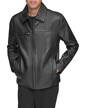 Shop Andrew Marc Damour Leather Full Zip Trucker Jacket In Black