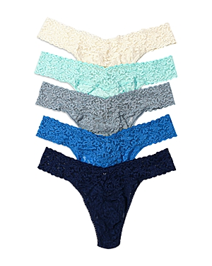 Hanky Panky 5 Pack Signature Lace Original Rise Thongs In Printed Box In Ivory