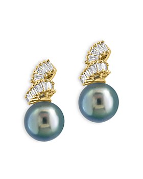 Bloomingdale's - Black Tahitian Pearl & Diamond Baguette Swirl Stud Earrings in 14K Yellow Gold