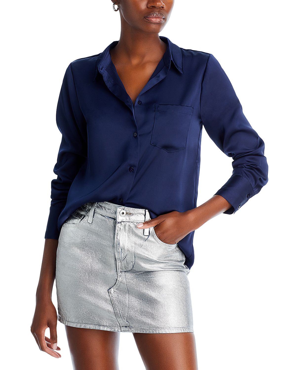 Aqua Satin Button Front Blouse - Exclusive