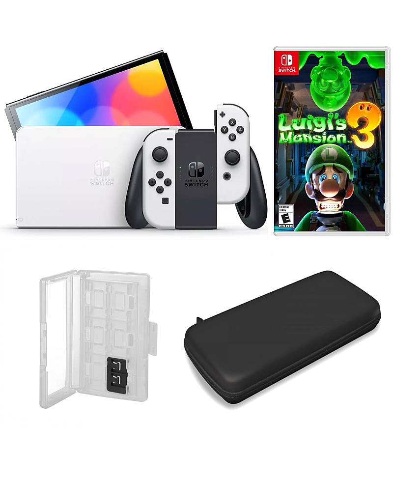 Nintendo Switch Oled in White with Luigi's Mansion 3 Game and Accessories Kit
