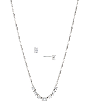 Nadri Mixed Cubic Zirconia Necklace & Stud Earrings Set In Rhodium Plated In Silver