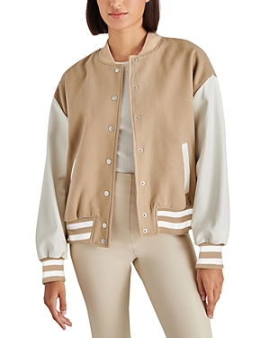 Steve Madden Alexander Faux Leather Sleeve Varsity Jacket In New Taupe