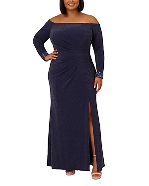 Adrianna Papell Plus Metallic Off-the-shoulder Gown In Light Navy