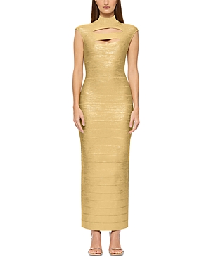Herve Leger Foiled Cutout Bandage Gown In Gold Foil