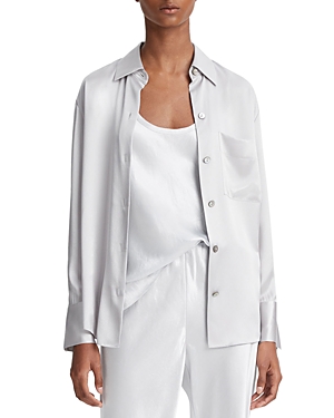 Shop Vince Relaxed Fit Long Sleeve Silk Shirt In Silverston