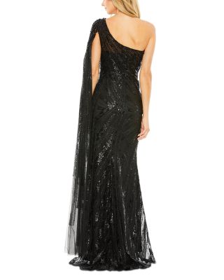 One Shoulder Cape Sleeve Embellished Gown