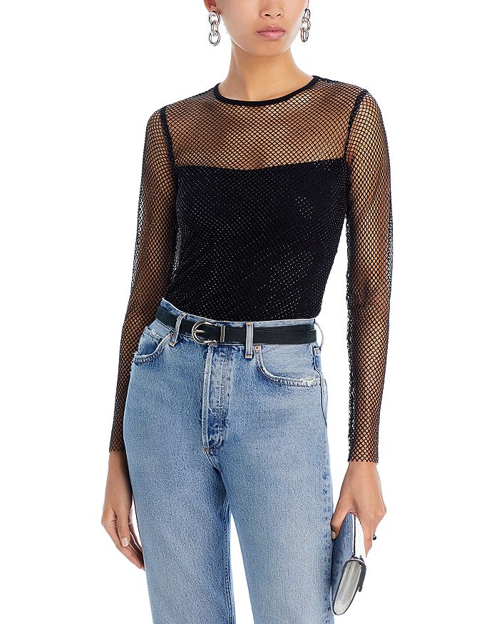 Aqua Women's Crystal Mesh Long Sleeve Top - 100% Exclusive - Black - Size L