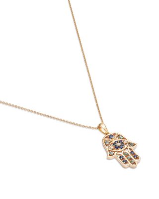 Blue Sapphire, Blue Topaz, & Diamond Accent Hamsa Hand Pendant Necklace in 14K Yellow Gold, 17"