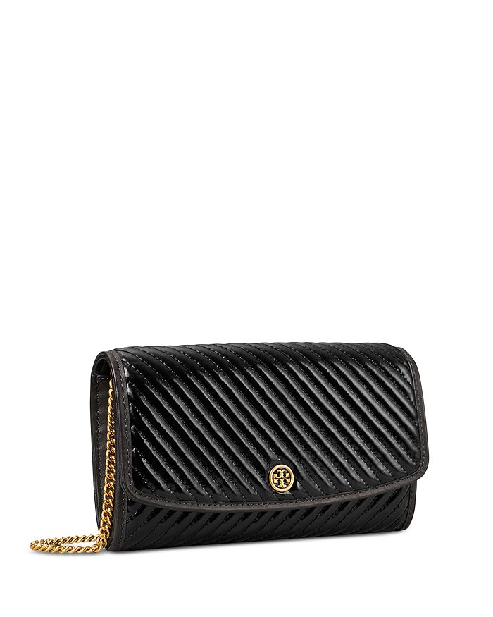 Shop Tory Burch Robinson Patent Quilted Chain Wallet In Black/gold