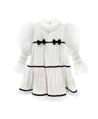 Girls' Aurora Ivory Velour Dress with Tulle Puff Sleeves - Baby, Little Kid, Big Kid