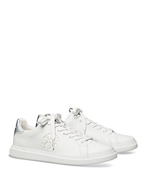Shop Tory Burch Women's Double T Howell Lace Up Low Top Court Sneakers In Titanium White/spark Gold