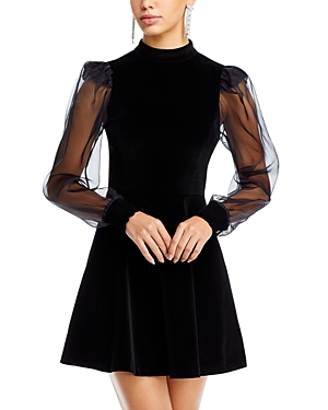 Shop Alice And Olivia Paulette Velvet Puff Sleeve Mini Dress In Black