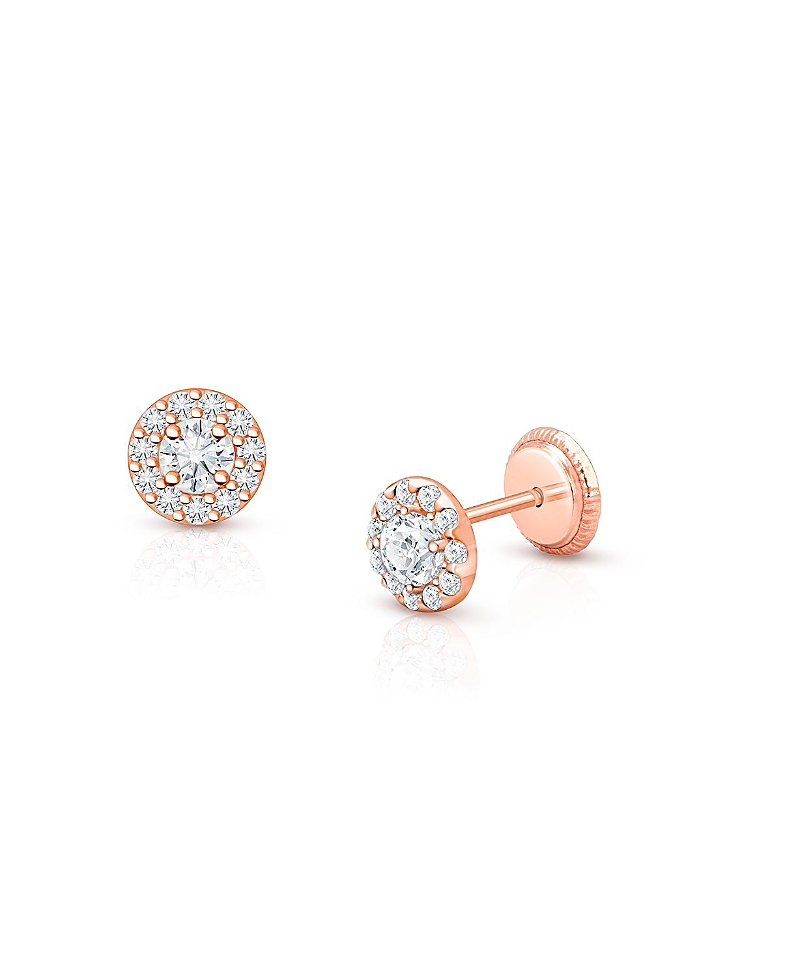 Tiny Blessings Girls' 14k Gold Brilliant Halo Studs Screw Back Earrings - Baby, Little Kid, Big Kid In K Rose Gold