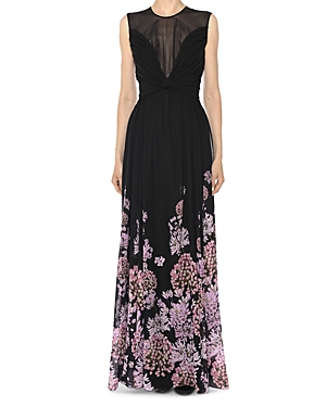 Giambattista Valli Silk Illusion Plunge Floral Print Gown In Black/rose