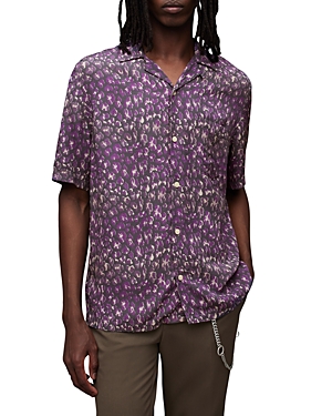 Shop Allsaints Ikuma Relaxed Fit Printed Short Sleeve Camp Shirt In Purple