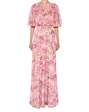 Shop Giambattista Valli Floral Print Silk Cape Dress In Pink