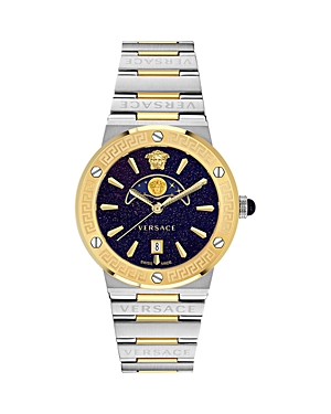 Shop Versace Greca Logo Moonphase Watch, 38mm In Blue/silver